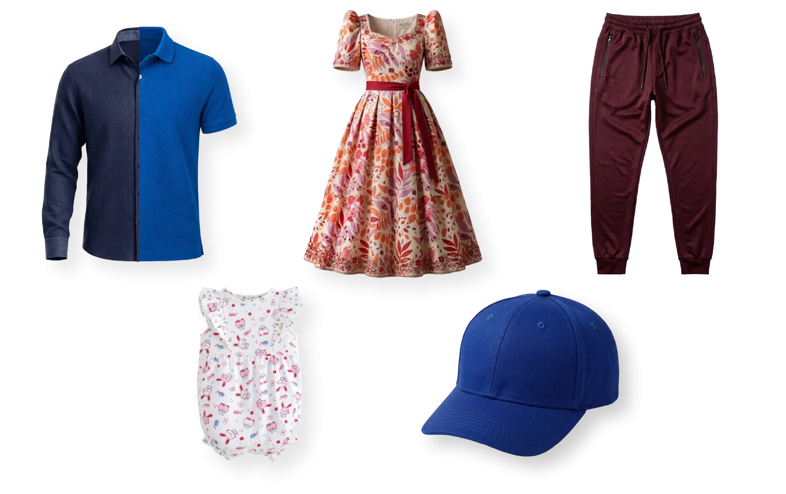 A collection of clothing items including a men's split-design shirt, a floral patterned dress, burgundy sweatpants, a white patterned baby romper, and a blue baseball cap against a black background.